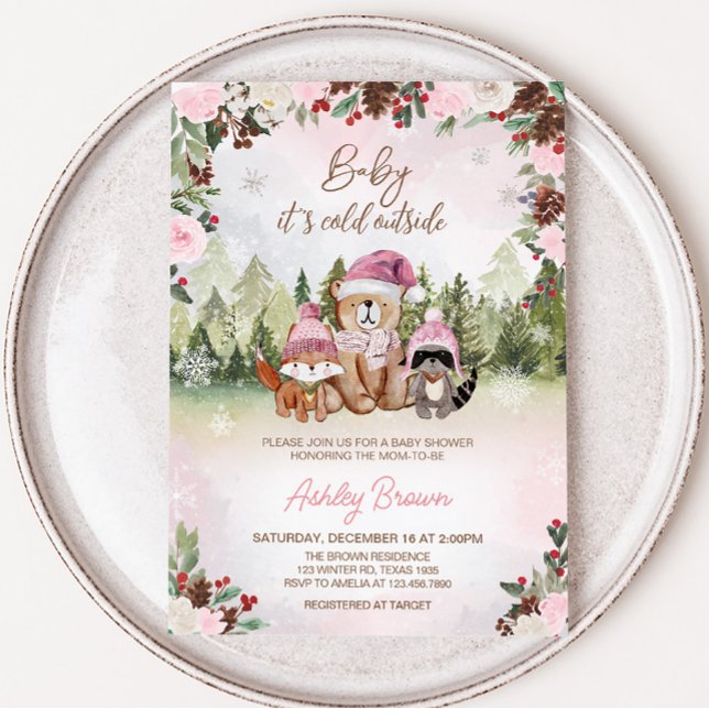 Invitation Baby shower forestier rose d'hiver (Pink Floral Winter Baby Shower Invitation)