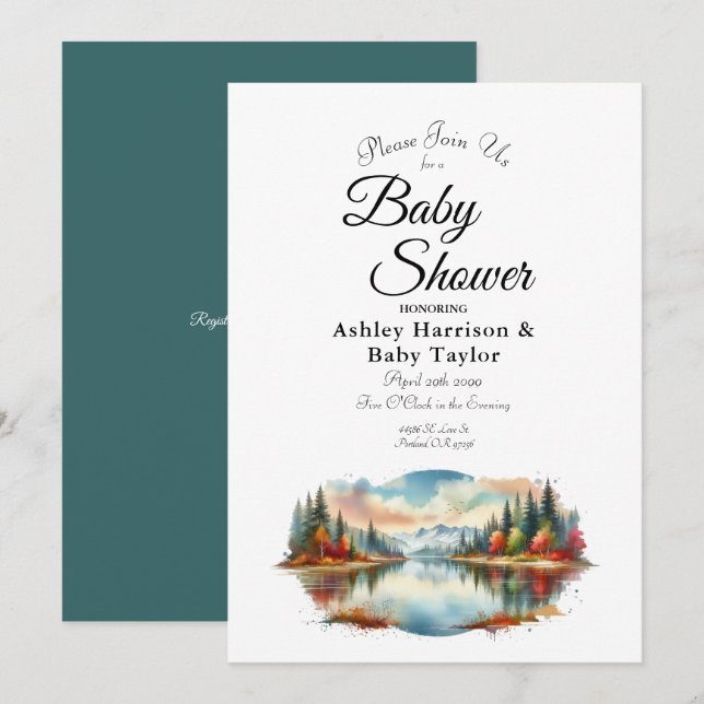 Invitation Baby shower forestier Rustique Lakeside d'automne (Devant / Derrière)