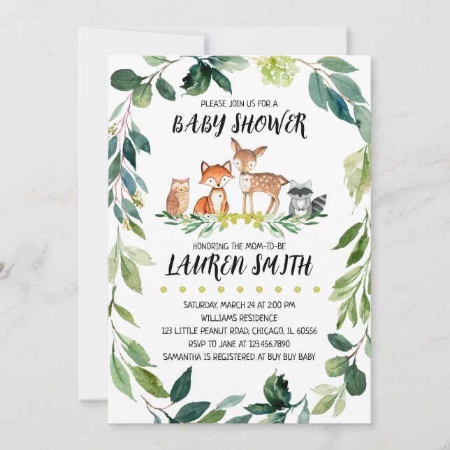 Invitation Baby shower forestier verdoyant (Devant)