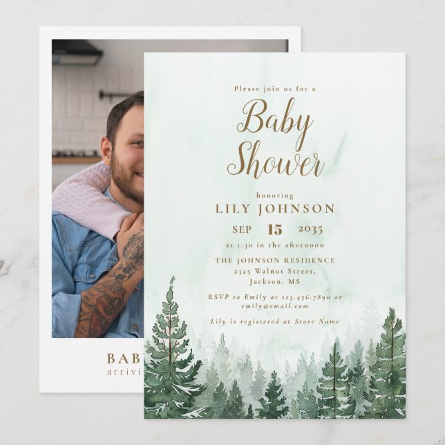 Invitation Baby shower Forêt de pins d'aventure Photo (Devant / Derrière)