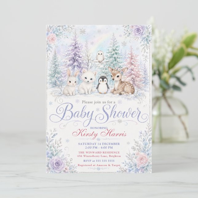 Invitation Baby-Shower Forêt d'Hiver (Debout devant)