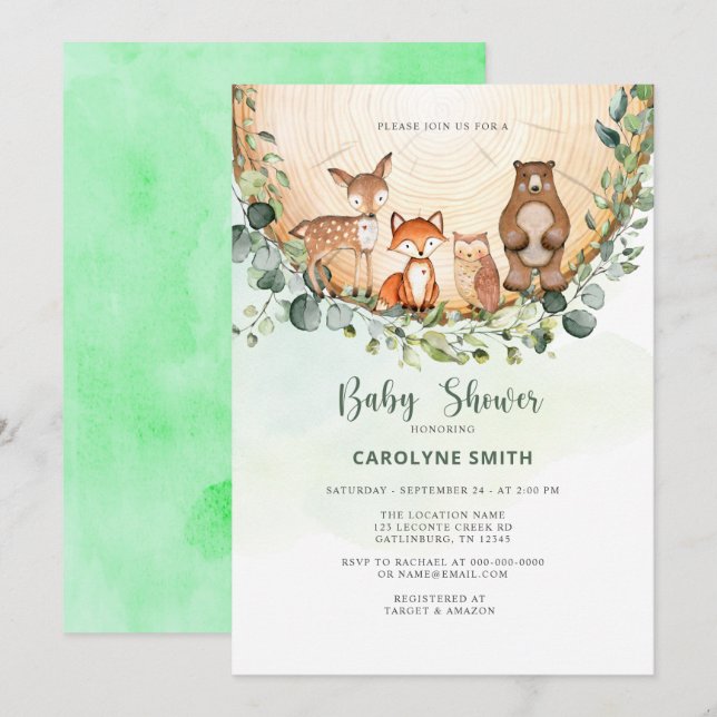 Invitation Baby shower Forêt forestière Végétation Animaux sa (Devant / Derrière)