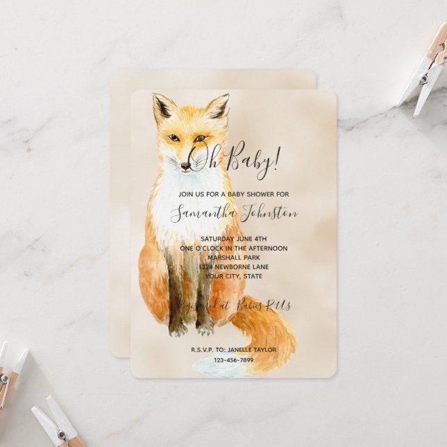 Invitation Baby shower Fox Cream (Devant/Arrière en situation)