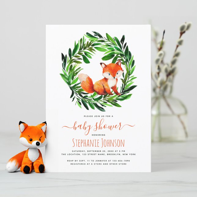 Invitation Baby shower Fox mignonne Bois Aquarelle Vert (Créateur téléchargé)
