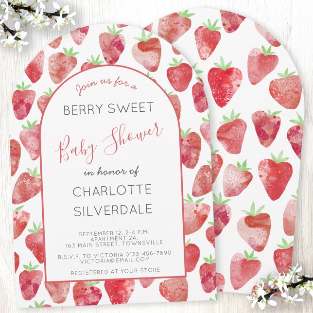 Invitation Baby shower fraise (Strawbery watercolor Berry Sweet arch shaped personalized baby shower invitation )