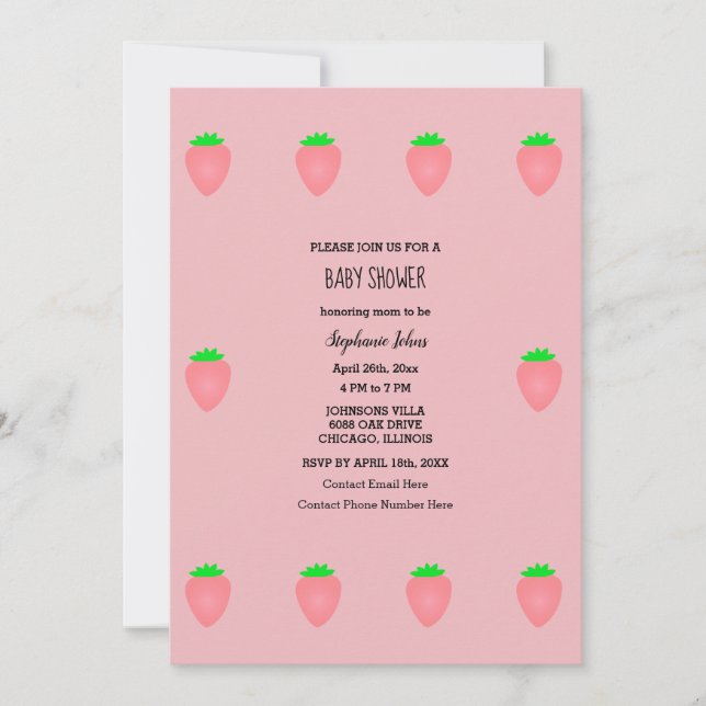Invitation Baby shower fraise bébé fille rose mignonne 2024 (Devant)