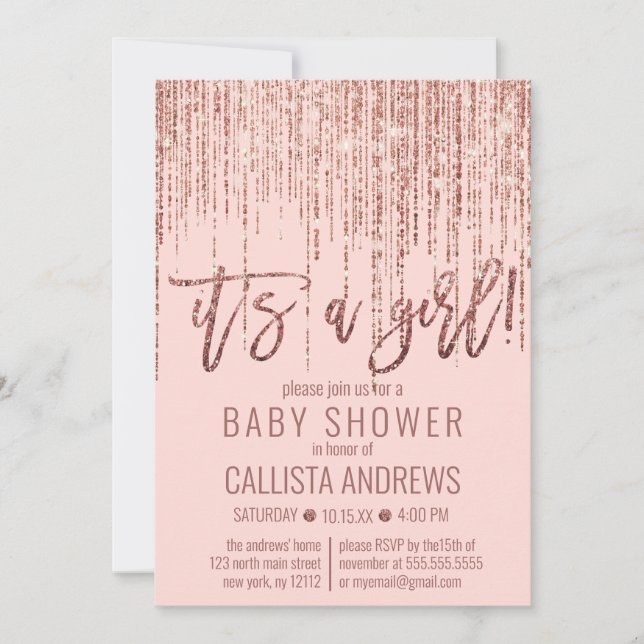 Invitation Baby shower Fringe de Parties scintillant d'or ros (Devant)
