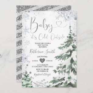 Invitation Baby shower froid d'hiver Forêt d'argent Flammes d