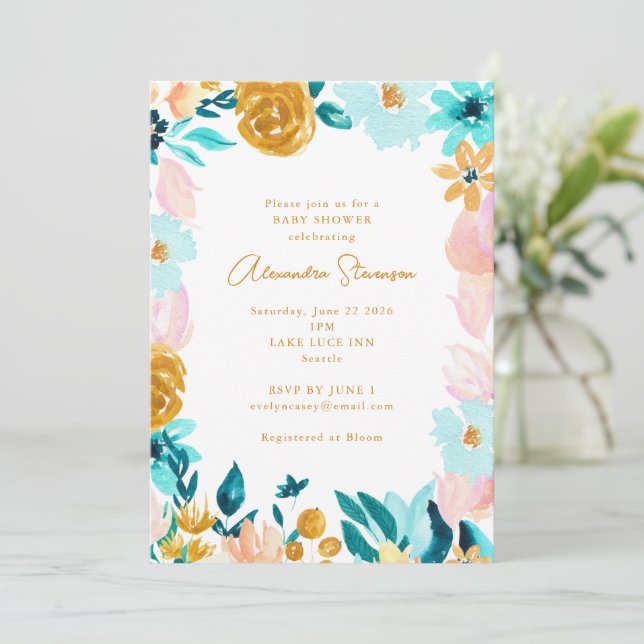 Invitation Baby shower frontalier Boho Blue Gold Floral Frame (Debout devant)