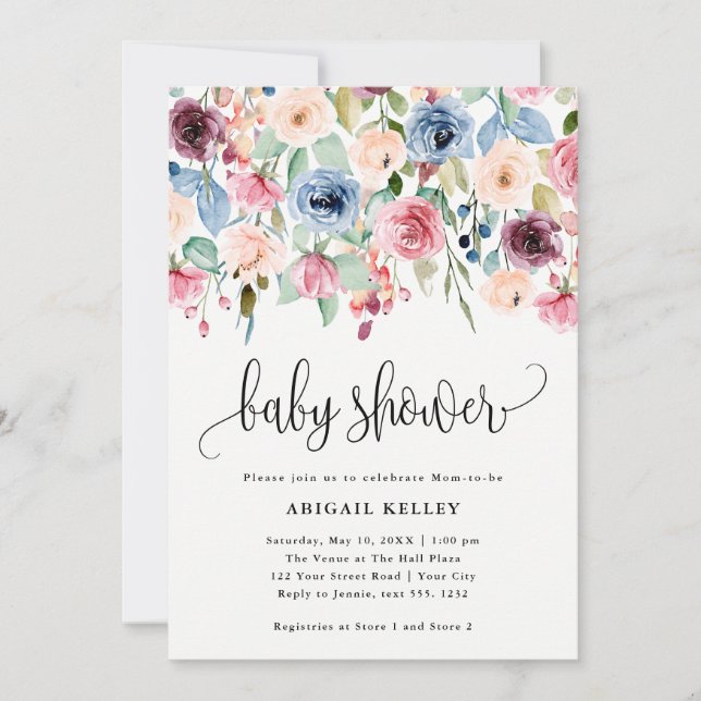Invitation Baby shower frontalier de fleurs d'aquarelle (Devant)