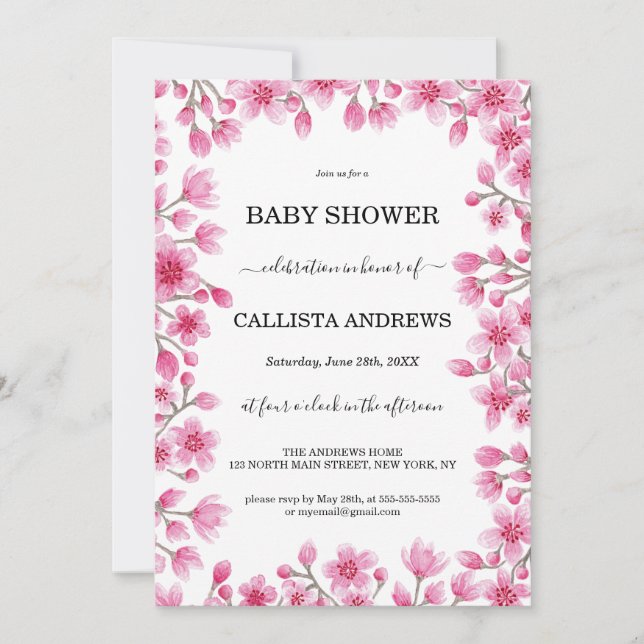 Invitation Baby shower frontalier floral en fleurs de cerises (Devant)