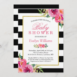 Invitation Baby shower Fuchsia violet rouge rayures florales