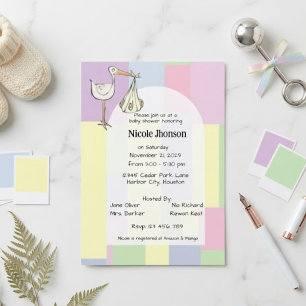Invitation Baby-Shower Funky Rétro sur le thème de la Cigogne