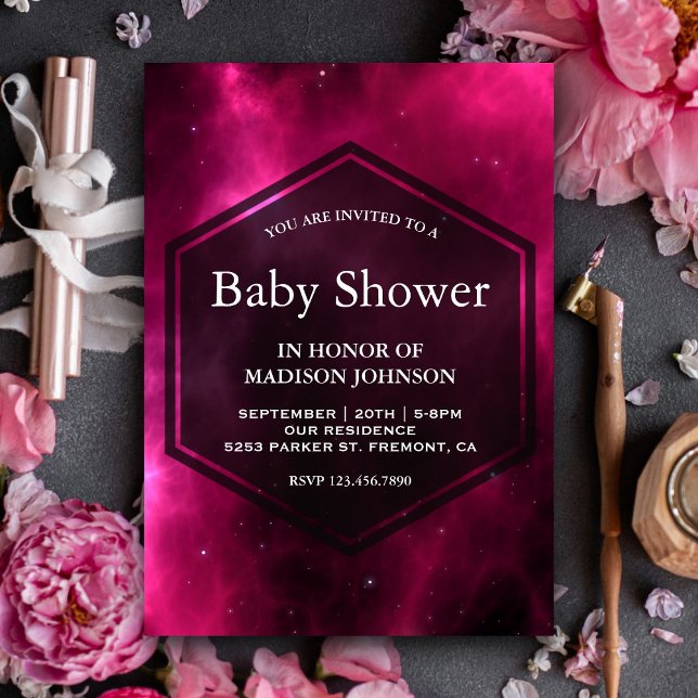 Invitation Baby Shower Galaxie Rose Moderne dans l'Espace (Créateur téléchargé)