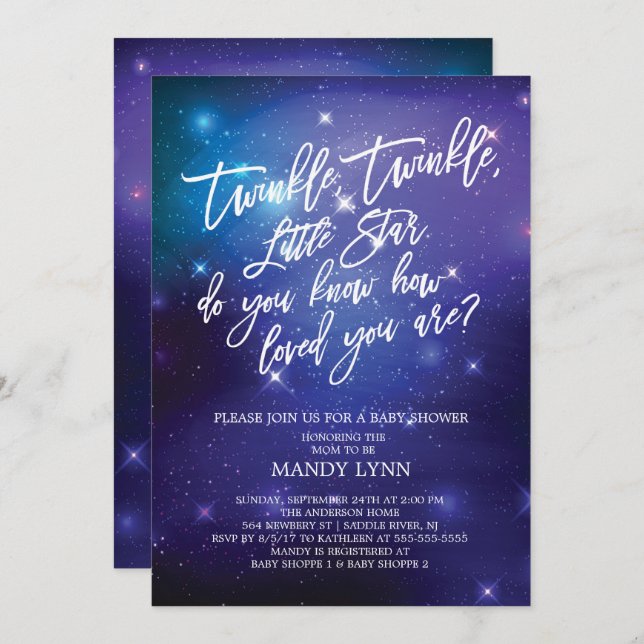 Invitation Baby shower Galaxy Twinkle Twinkle Star (Devant / Derrière)