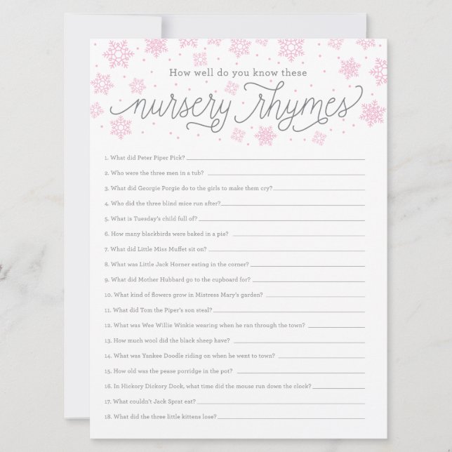 Invitation Baby shower Game CardNursery Rhyme Game Snowflake (Devant)