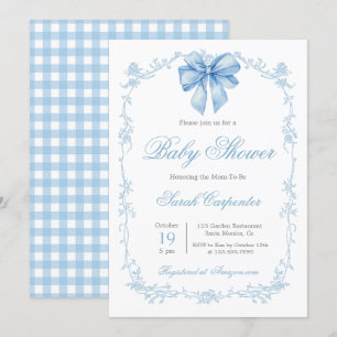 Invitation Baby Shower Garçon à carreaux bleus et ruban