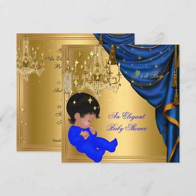 Invitation Baby Shower Garçon Afro-Américain Bleu Or (Devant / Derrière)