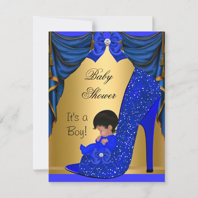 Invitation Baby Shower Garçon Afro-Américain Chaussure Bleue  (Devant)