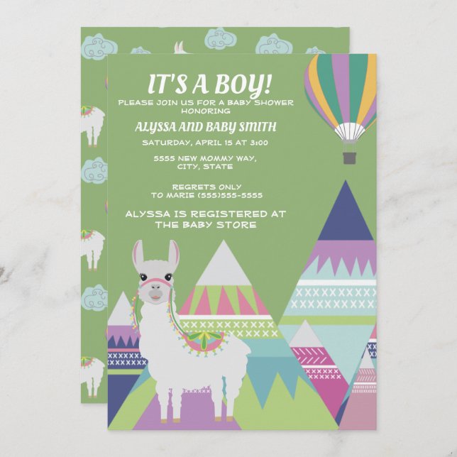 Invitation Baby shower Garçon Alpaca vert (Devant / Derrière)