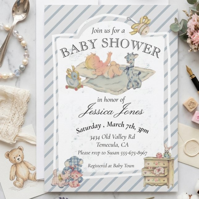 Invitation Baby Shower Garçon Animaux en Peluche Vintage (Créateur téléchargé)