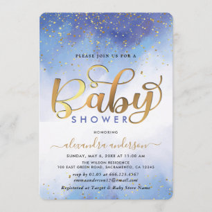 Invitation Baby shower Garçon Aquarelle Bleu Et Or