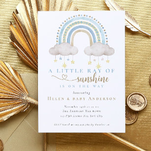 Invitation Baby Shower Garçon Arc-en-Ciel Bohème Bleu Sunshin