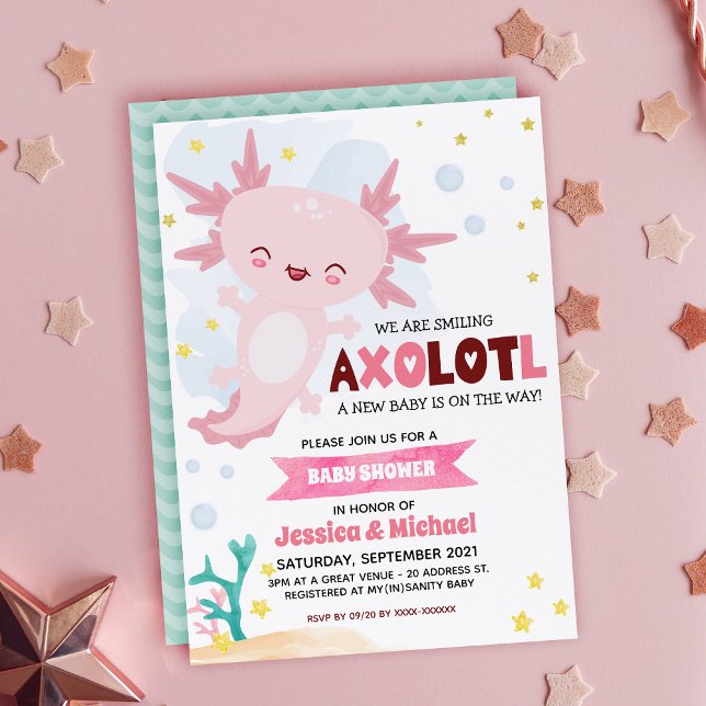 Invitation Baby shower garçon Axolotl rose (Créateur téléchargé)