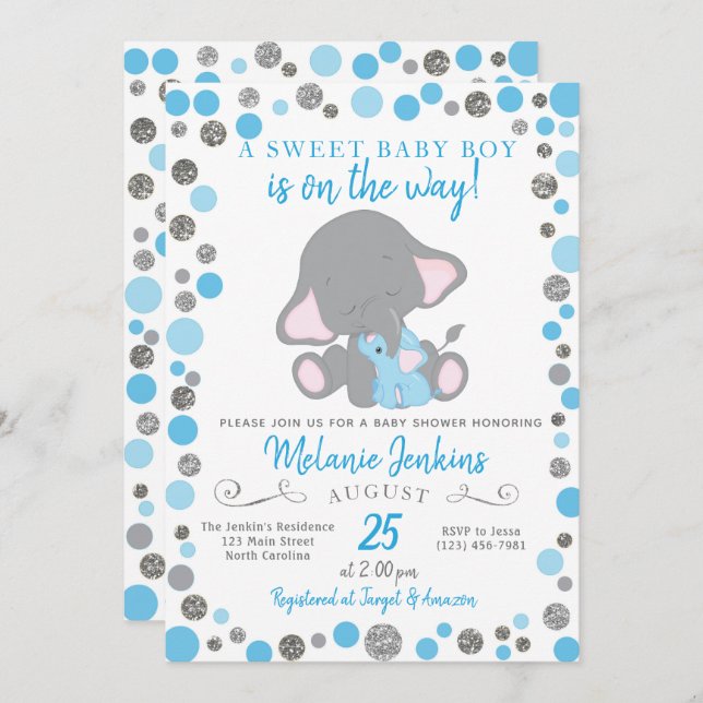 Invitation Baby shower garçon, Baby shower éléphan (Devant / Derrière)