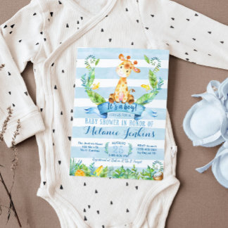 Invitation Baby shower garçon, Baby shower girafe