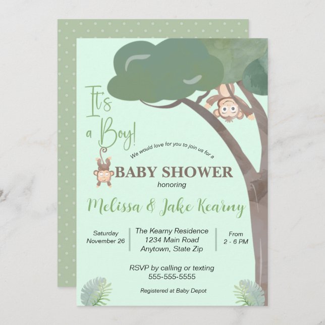 INVITATION BABY SHOWER GARÇON, BABY SHOWER MONKEY (Devant / Derrière)