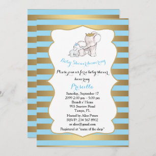 Invitation Baby shower GARÇON, bande,bleu,or,,éléphants