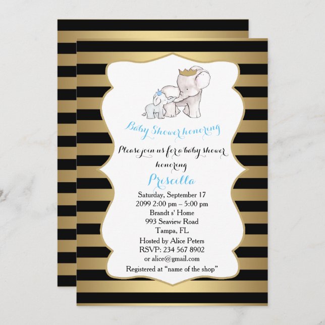Invitation Baby shower GARÇON, bande,noir,or,,éléphants (Devant / Derrière)