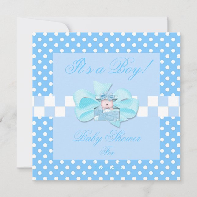 Invitation Baby Shower Garçon Bébé Bleu Blanc Points à Carrea (Devant)