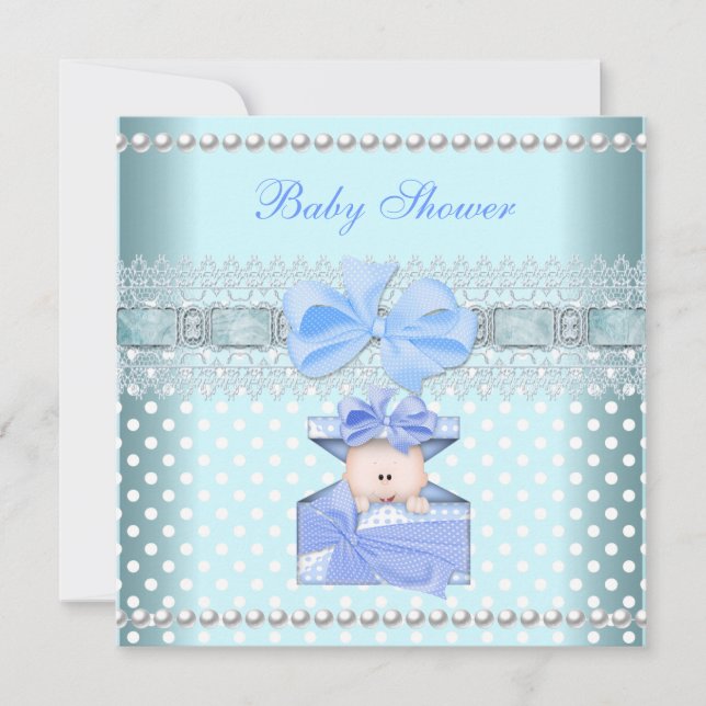 Invitation Baby shower Garçon bébé bleu cadeau Pearl Lace Spo (Devant)