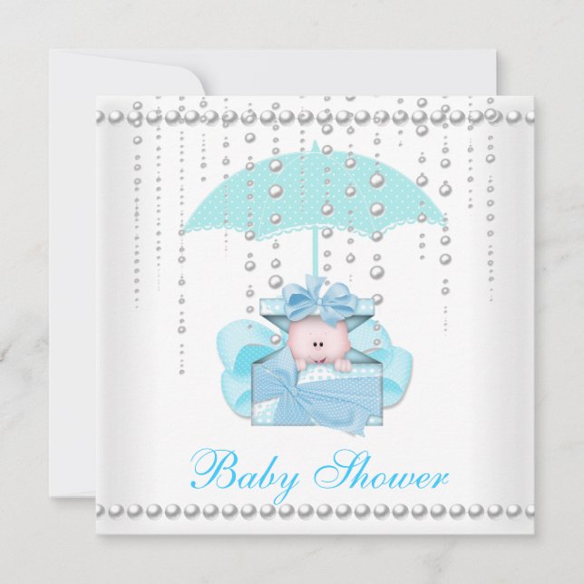 Invitation Baby Shower Garçon Bébé Bleu Parapluie Blanc Perle (Devant)
