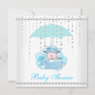 Invitation Baby Shower Garçon Bébé Bleu Parapluie Blanc Perle