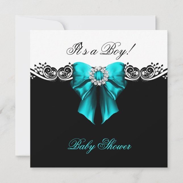 Invitation Baby Shower Garçon Bébé Bleu Sarcelle Noir Blanc (Devant)