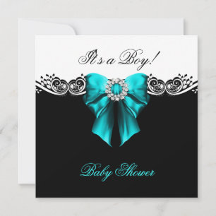 Invitation Baby Shower Garçon Bébé Bleu Sarcelle Noir Blanc