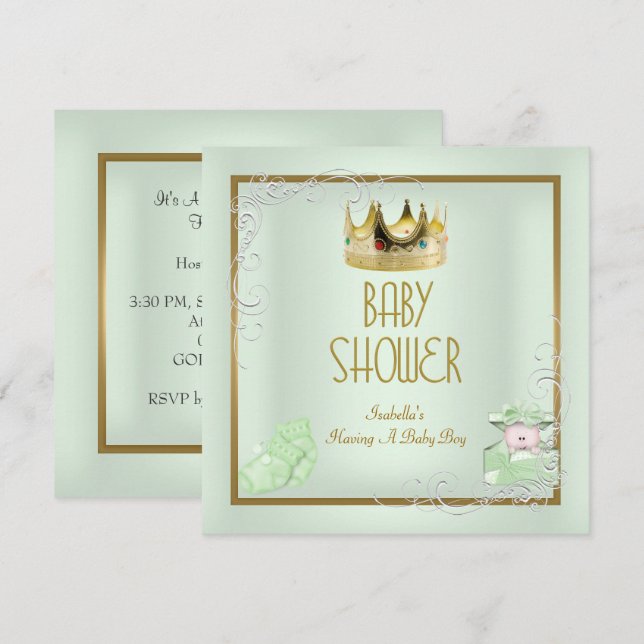 Invitation Baby Shower Garçon Bébé Couronne Prince Menthe (Devant / Derrière)