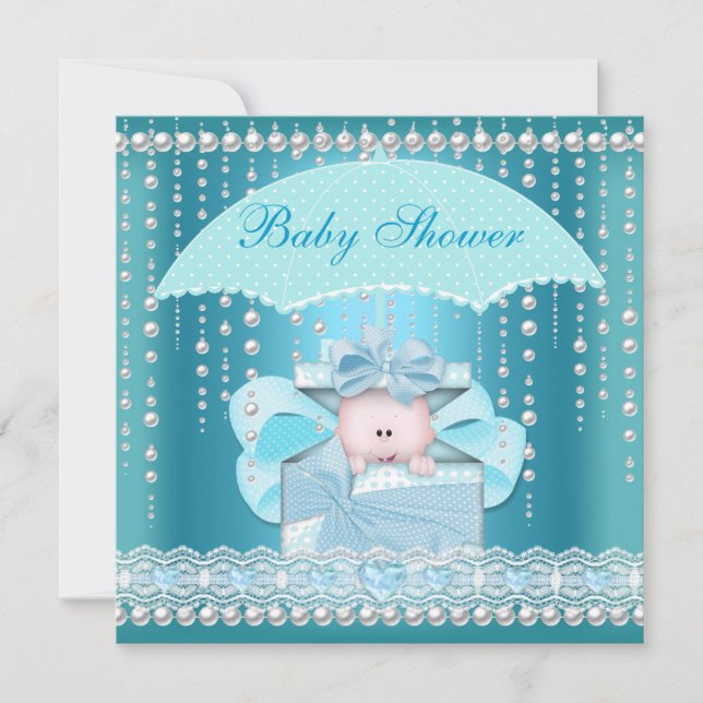 Invitation Baby Shower Garçon Bébé Parasol Perle Bleu (Devant)