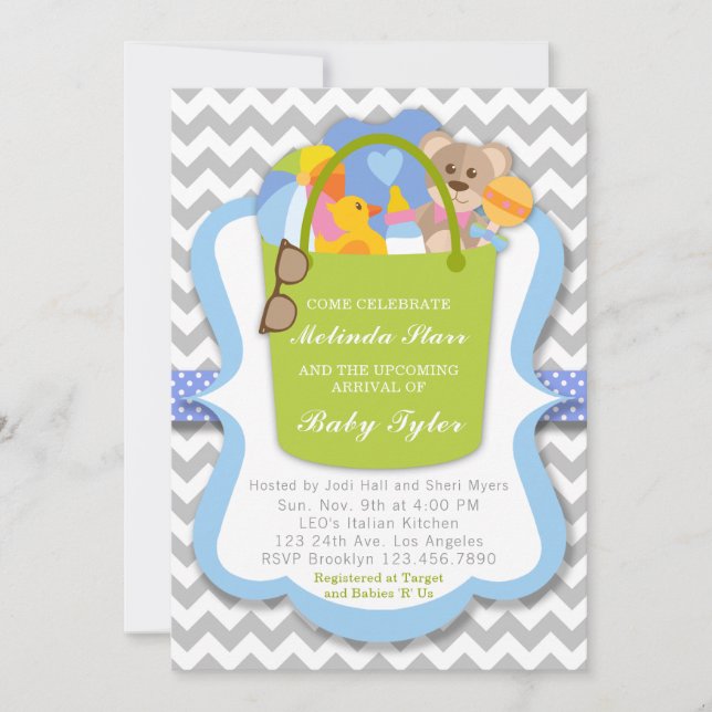 Invitation Baby shower garçon - Bébé seau de chose (Devant)