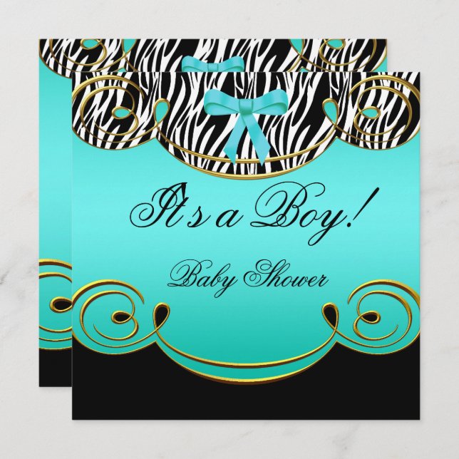 Invitation Baby shower Garçon bébé Turquoise Bleu noir Zèbre  (Devant / Derrière)