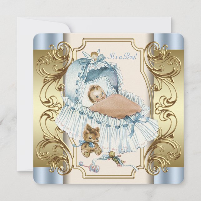 Invitation Baby Shower Garçon Beige et Bleu (Devant)