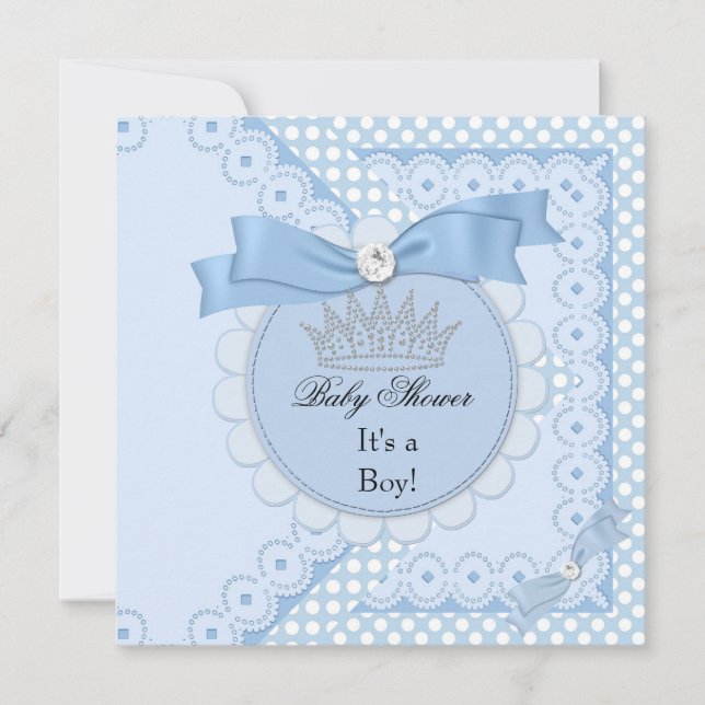 Invitation Baby shower Garçon Blanc Bleu Prince Couronne (Devant)