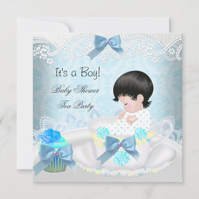 Invitation Baby shower Garçon bleu Baby Teacup Cupcake (Devant)