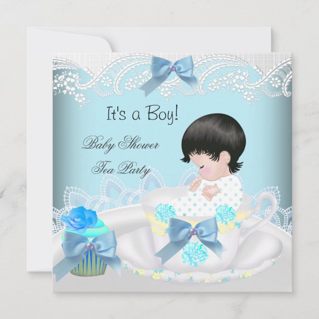Invitation Baby shower Garçon bleu Baby Teacup Cupcake 2 (Devant)