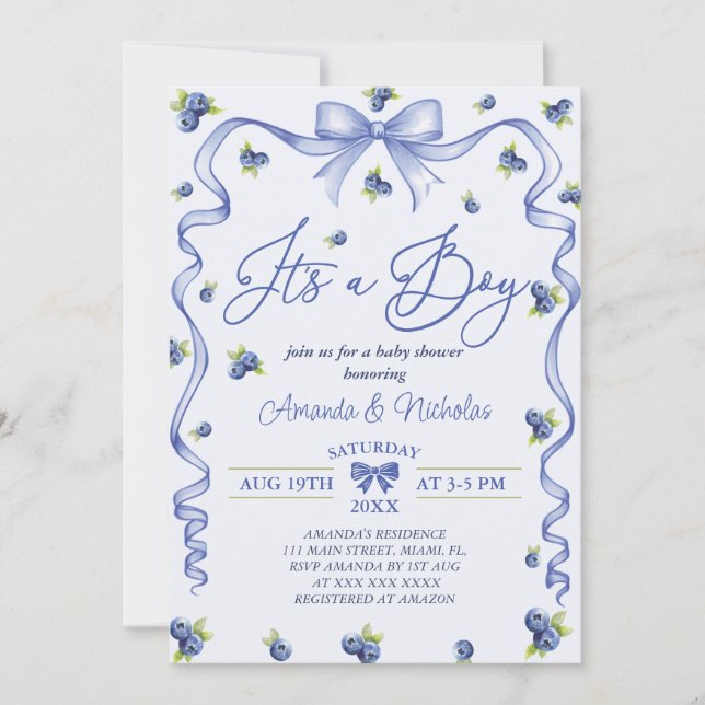 Invitation Baby Shower Garçon Bleu Baies Bleues (Devant)