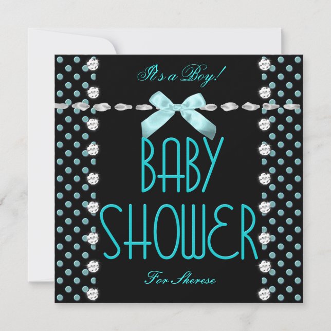 Invitation Baby Shower Garçon Bleu Canard Noir Blanc Points (Devant)