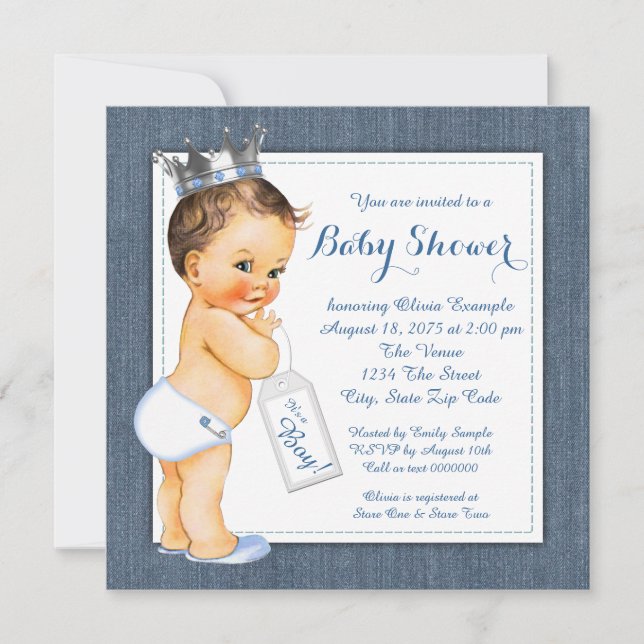 Invitation Baby Shower Garçon Bleu Denim (Devant)